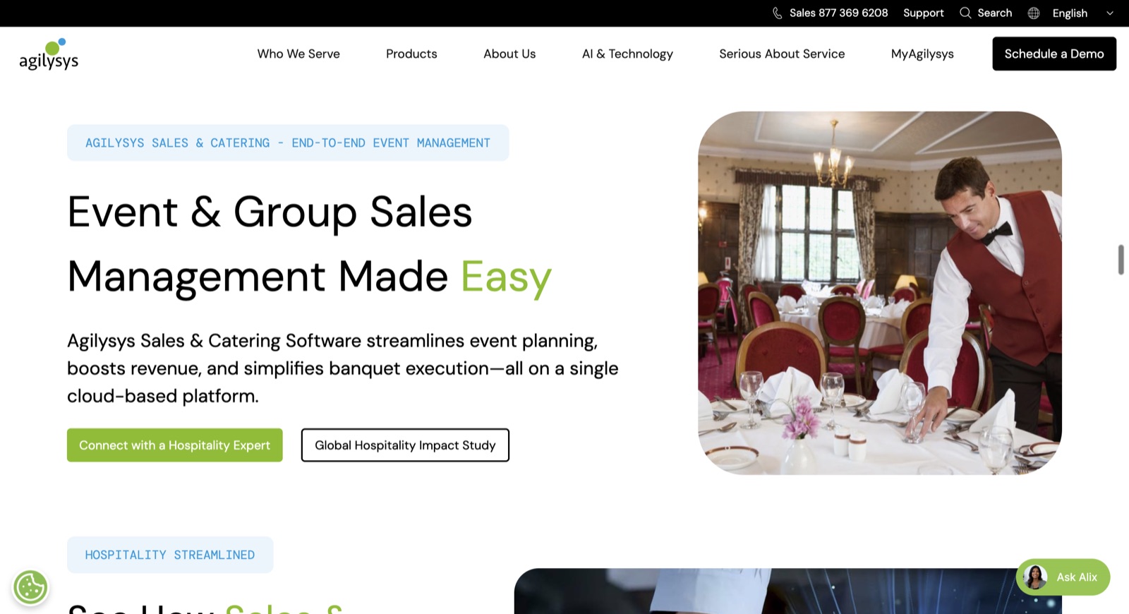 The Agilysys Sales and Catering page: event and group sales management for hospitality, with a banquet room photo.