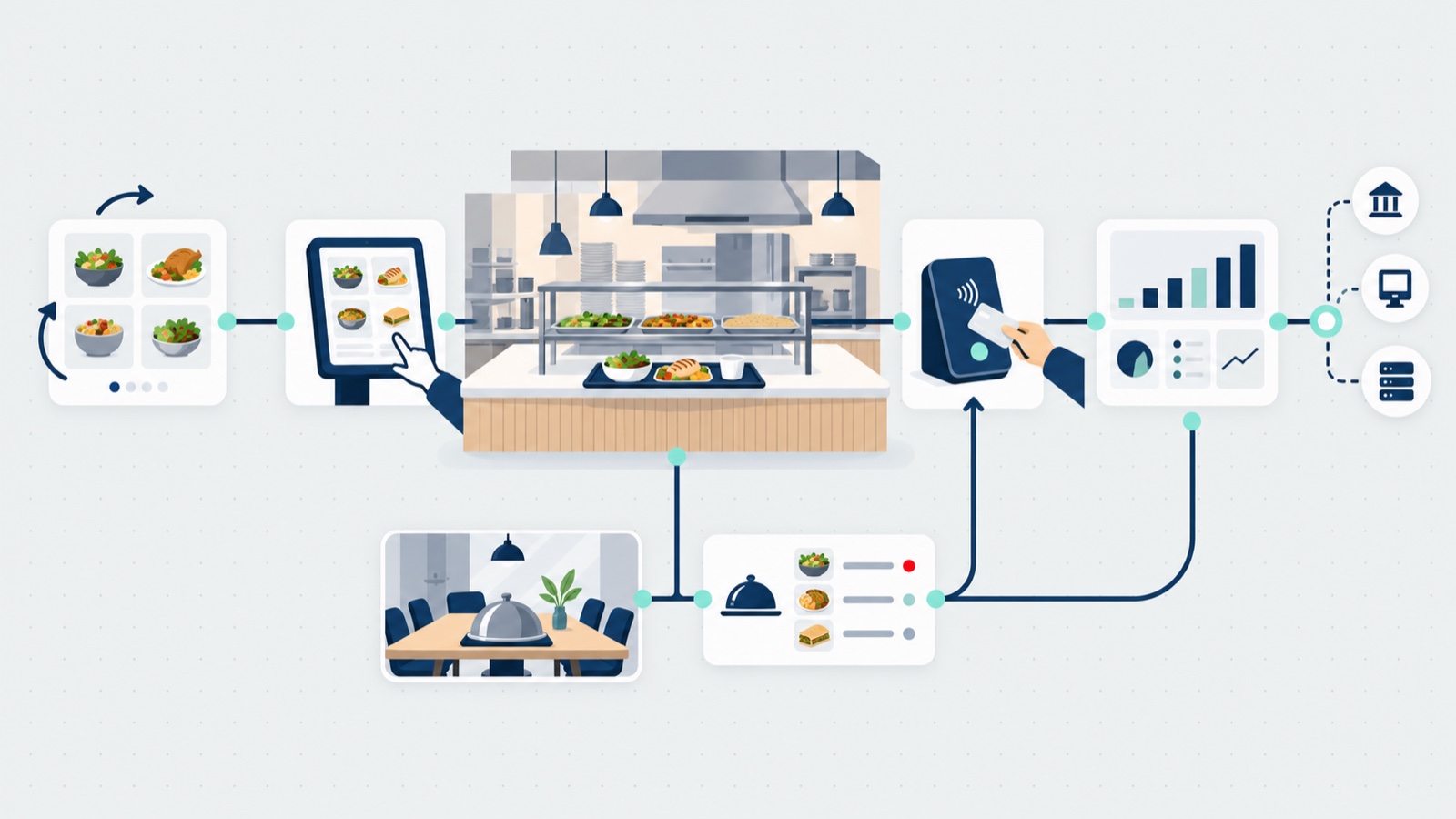 Illustration of a connected cafeteria flow: a rotating menu, an ordering screen, a serving counter with trays, cashless payment, reporting, and a meeting room linked to the same order list.