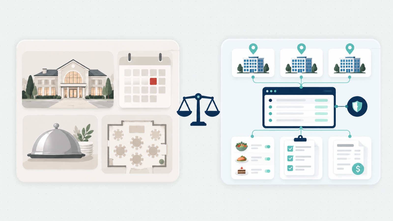 Illustration weighing two kinds of catering software: an events side with a venue, calendar, cloche, and floor plan, and a corporate side with three office sites connected to one ordering system, menus, checklists, and an invoice.