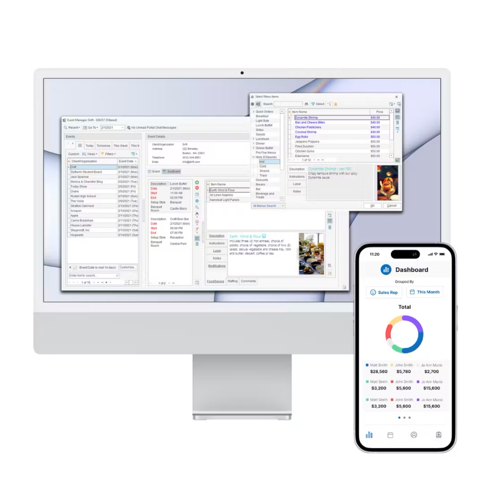 Caterease's own product imagery: the event manager with a client list, event details, menu item selection with prices, and a mobile sales dashboard.