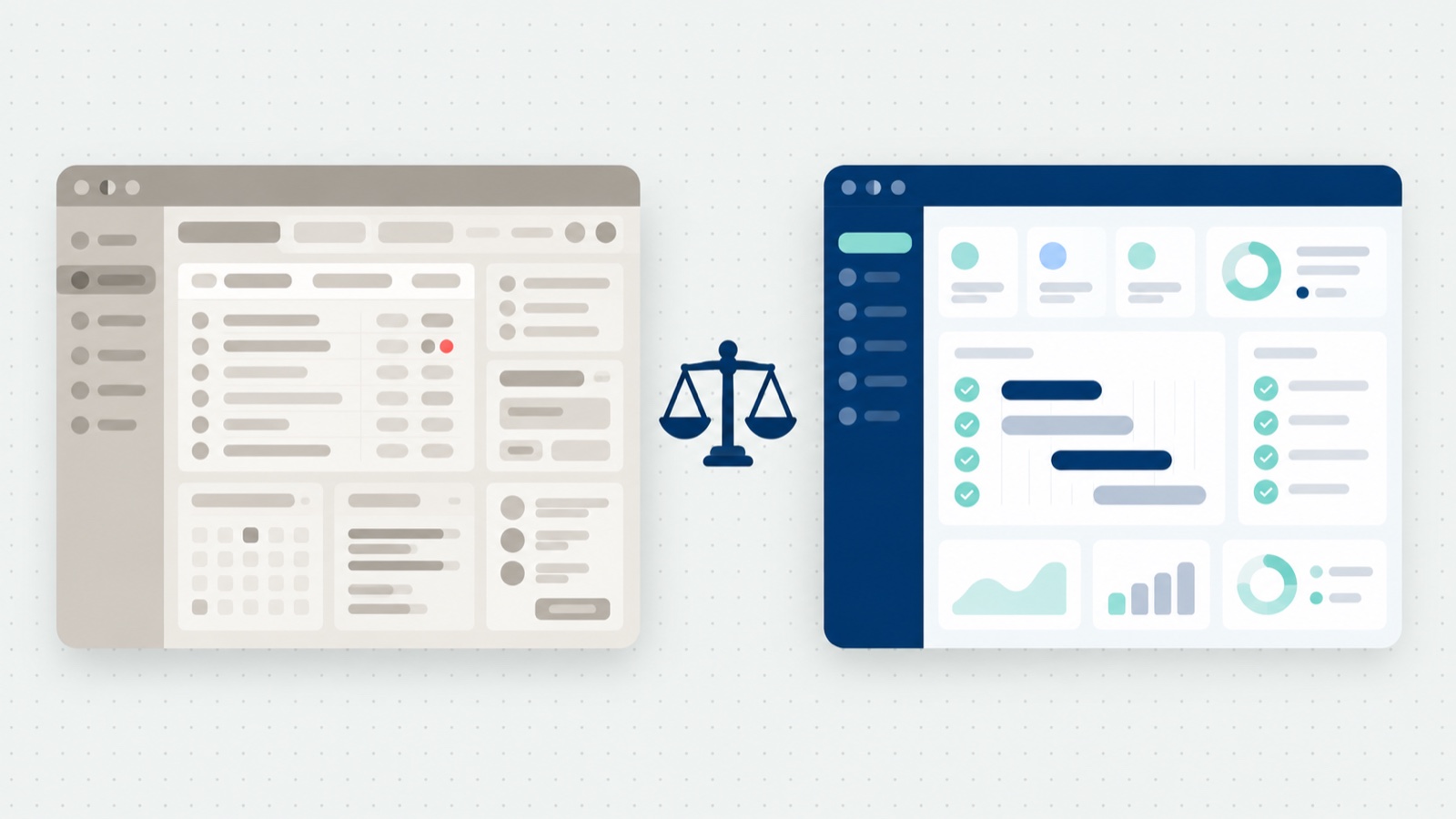 Illustration of two catering software windows side by side, an older grey cluttered one and a modern navy one with mint accents, with a balanced scale between them.