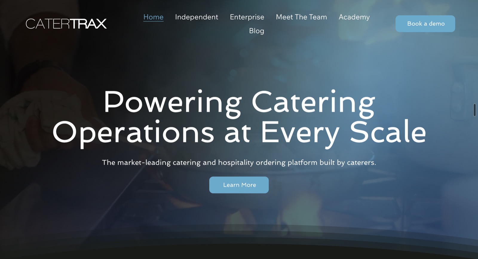 The CaterTrax homepage: powering catering operations at every scale, the market-leading catering and hospitality ordering platform built by caterers, with Independent and Enterprise in the navigation.