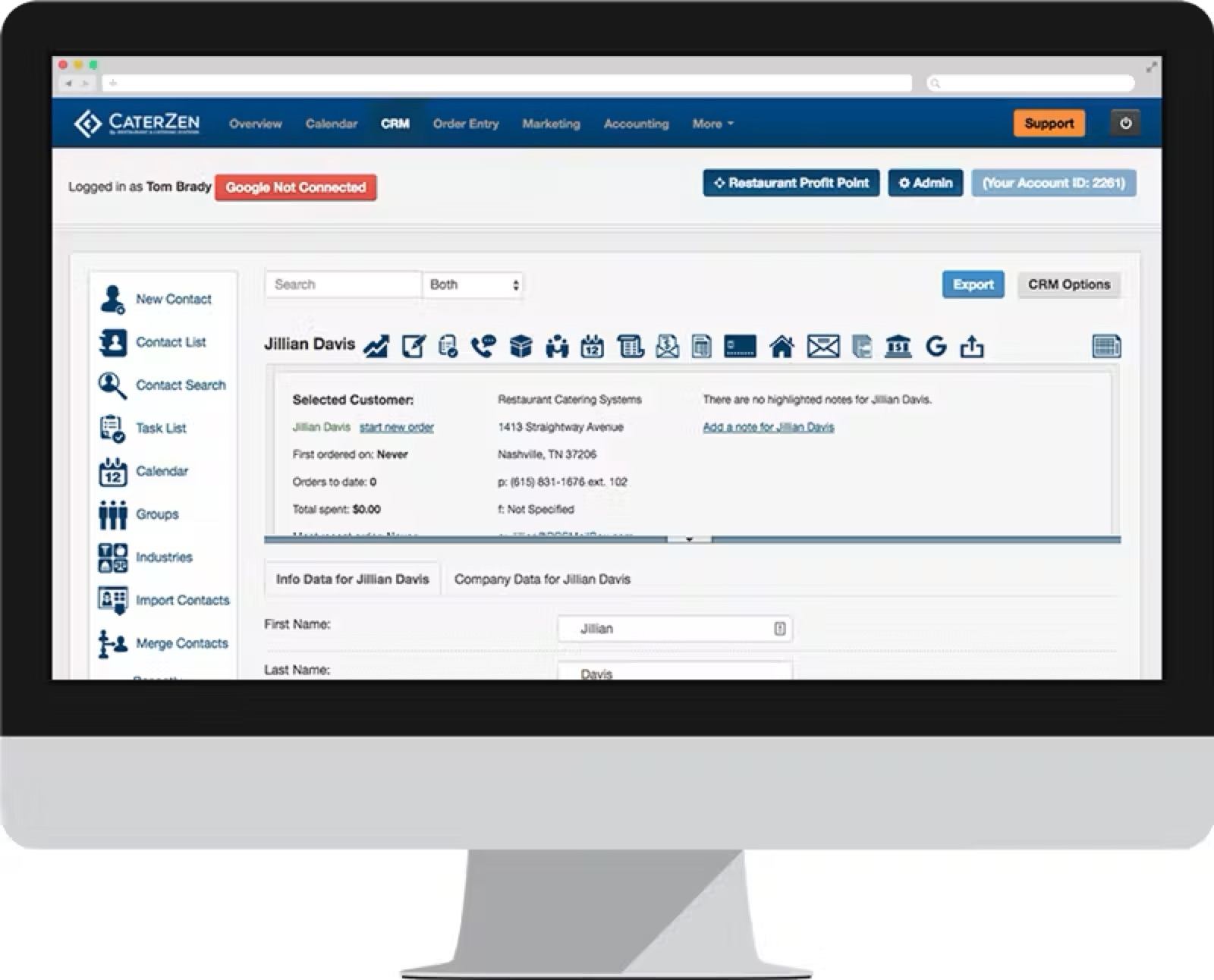 CaterZen's own product imagery: the CRM view of a customer record with contact details, order history, and a toolbar of sales and marketing actions.