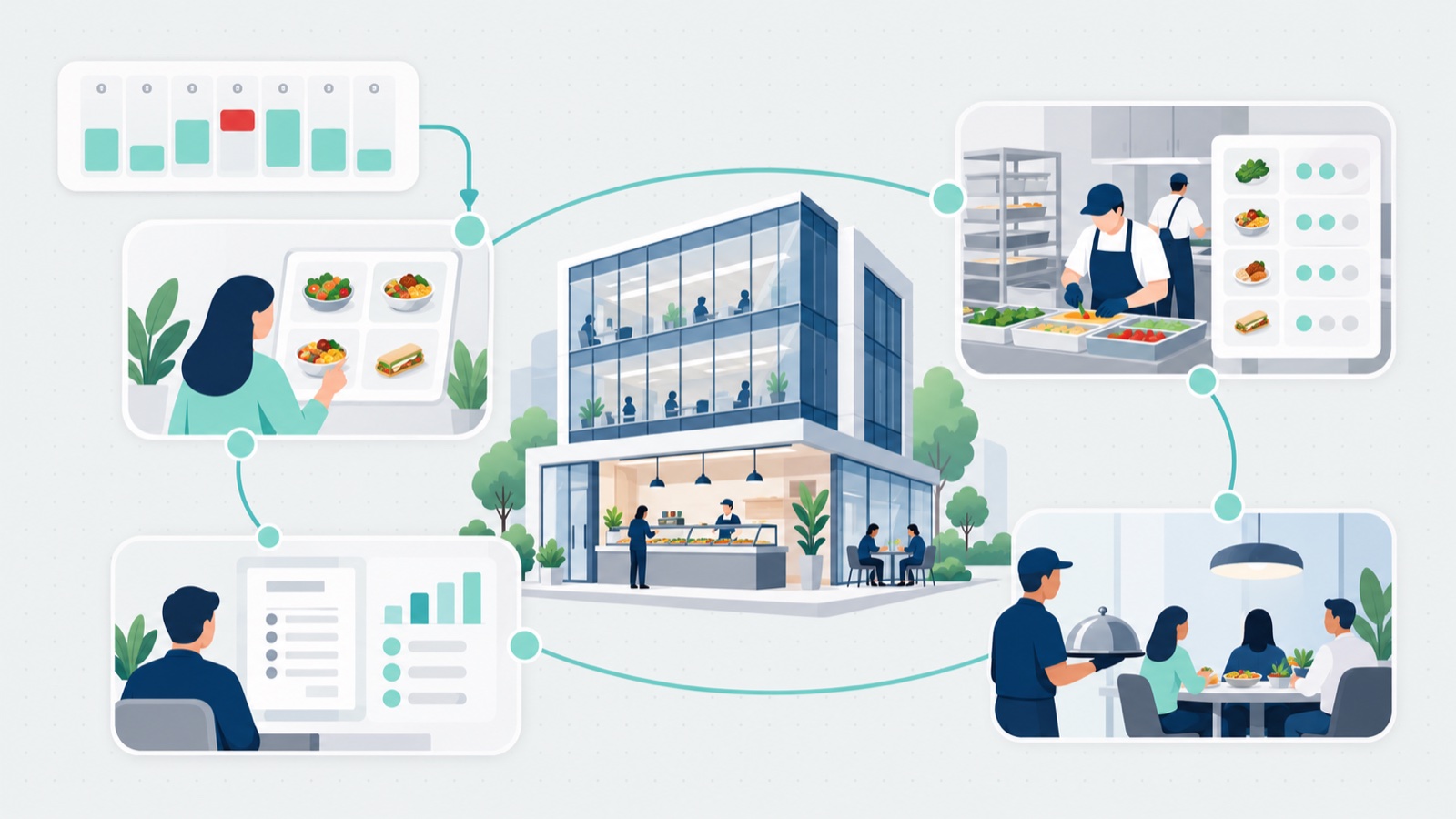 Illustration of a workplace dining loop around an office building: an employee ordering from a menu, the kitchen preparing against a checklist, a server delivering to a meeting, and a manager reviewing reports.