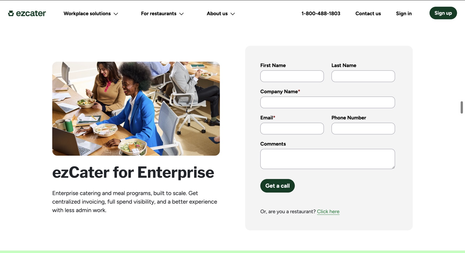 The ezCater for Enterprise page: enterprise catering and meal programs with centralized invoicing, behind a contact-sales form.