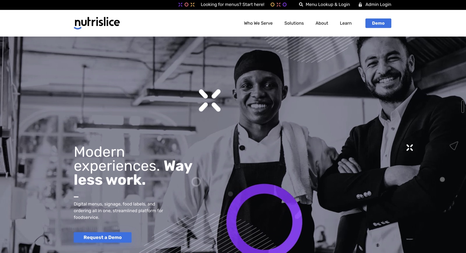 The Nutrislice homepage: digital menus, signage, food labels, and ordering for foodservice, with a menu lookup for guests.