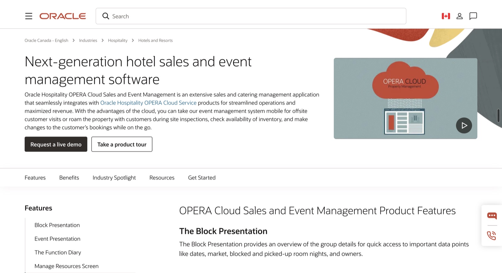 Oracle's OPERA Cloud Sales and Event Management page: next-generation hotel sales and event management software.
