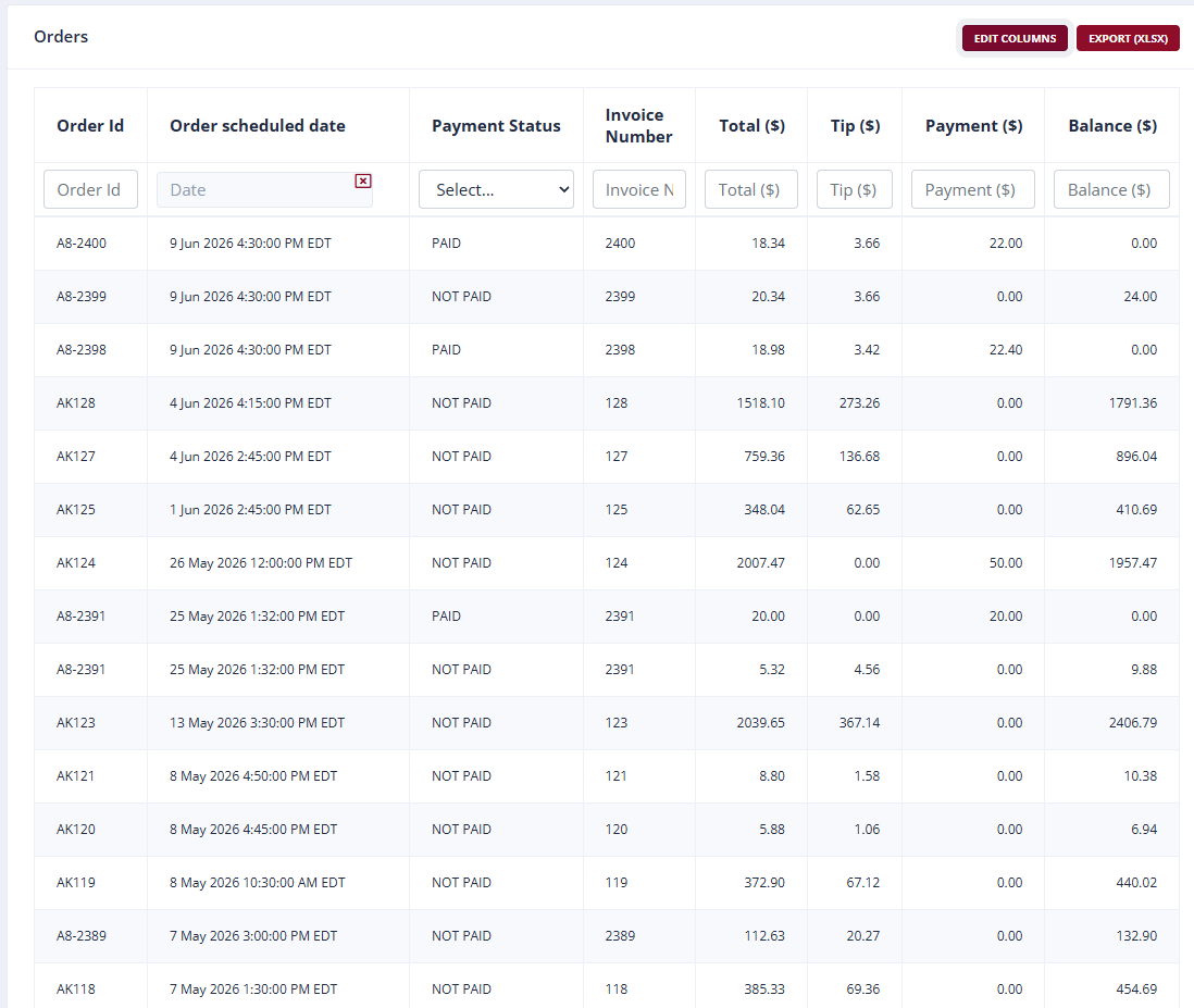 The orders billing view in App8: each order with its scheduled date, payment status, invoice number, total, payment received, and balance outstanding, filterable and exportable.