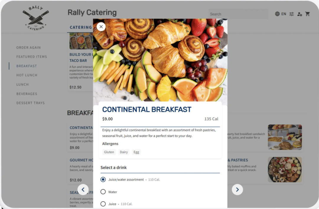 A Rally Catering menu item opened from the guest menu, with a photo, price, calories, allergens, and drink modifiers, and an Order again section in the sidebar.