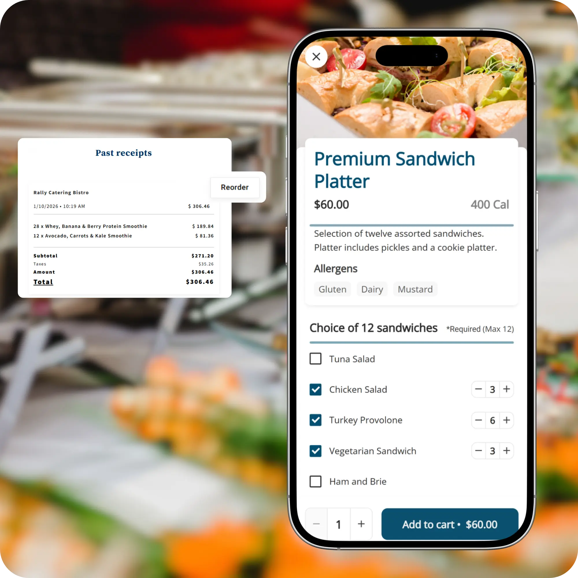 Rally Catering ordering on a phone: a sandwich platter configured with required choices and quantities, beside past receipts with a one-tap reorder.