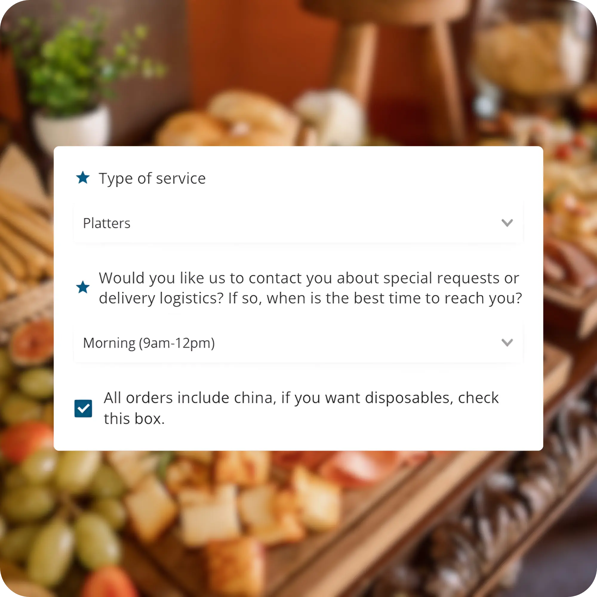 Operator-defined checkout questions in Rally Catering: a type of service dropdown, a best time to contact question, and a checkbox for disposables, each answered in the order flow.