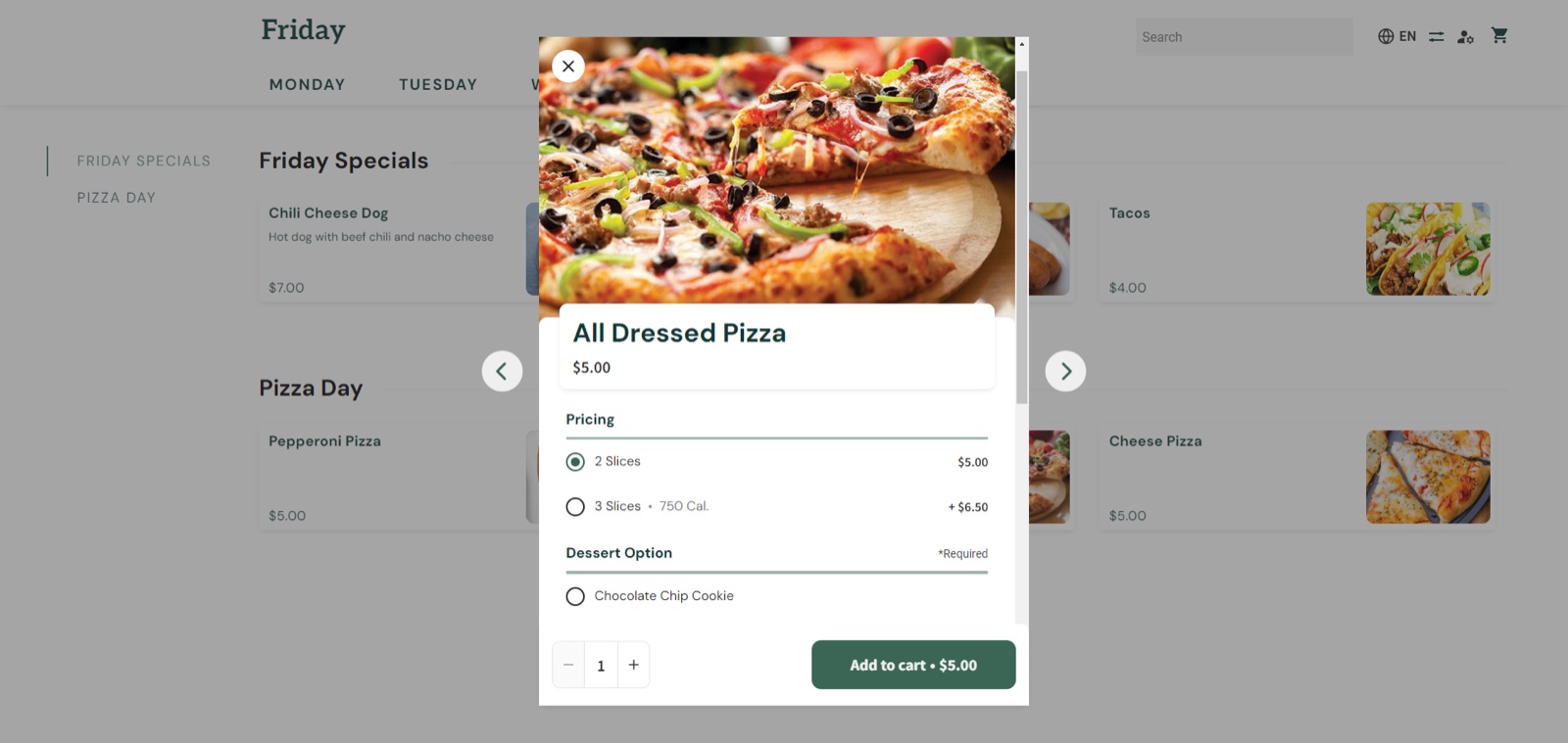 Rally Eats menu in a desktop browser with day tabs and an item open, showing its options and an Add to cart button