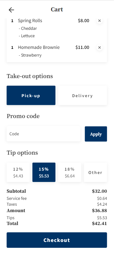 Rally Eats cart on a phone with two items, pickup selected, tip options and the order total