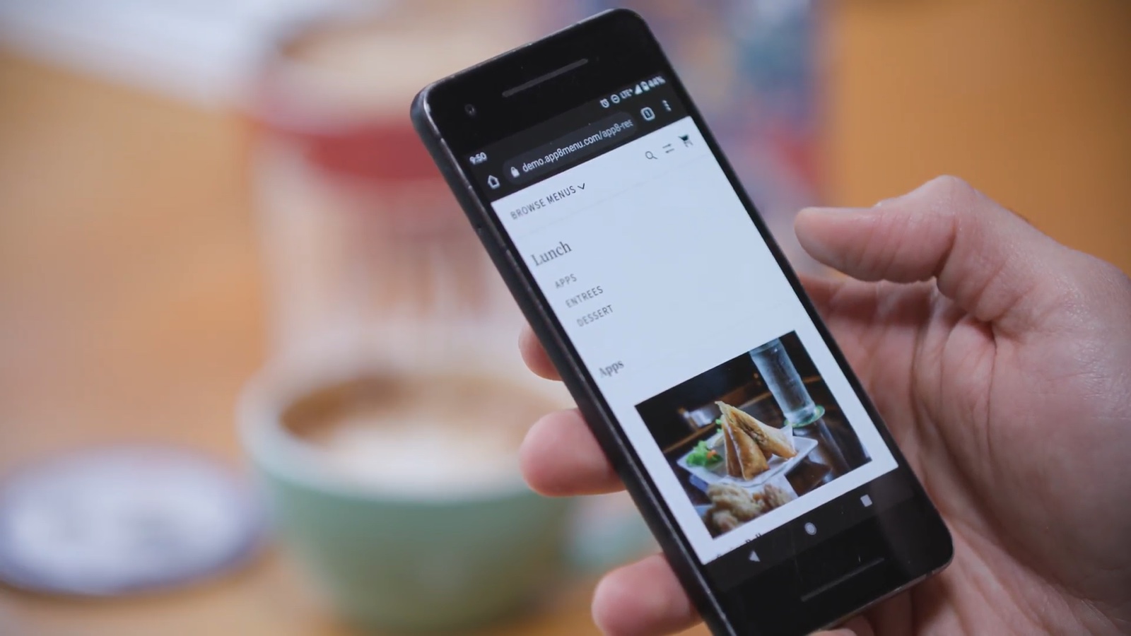 A phone showing a lunch menu in its web browser after scanning a QR code
