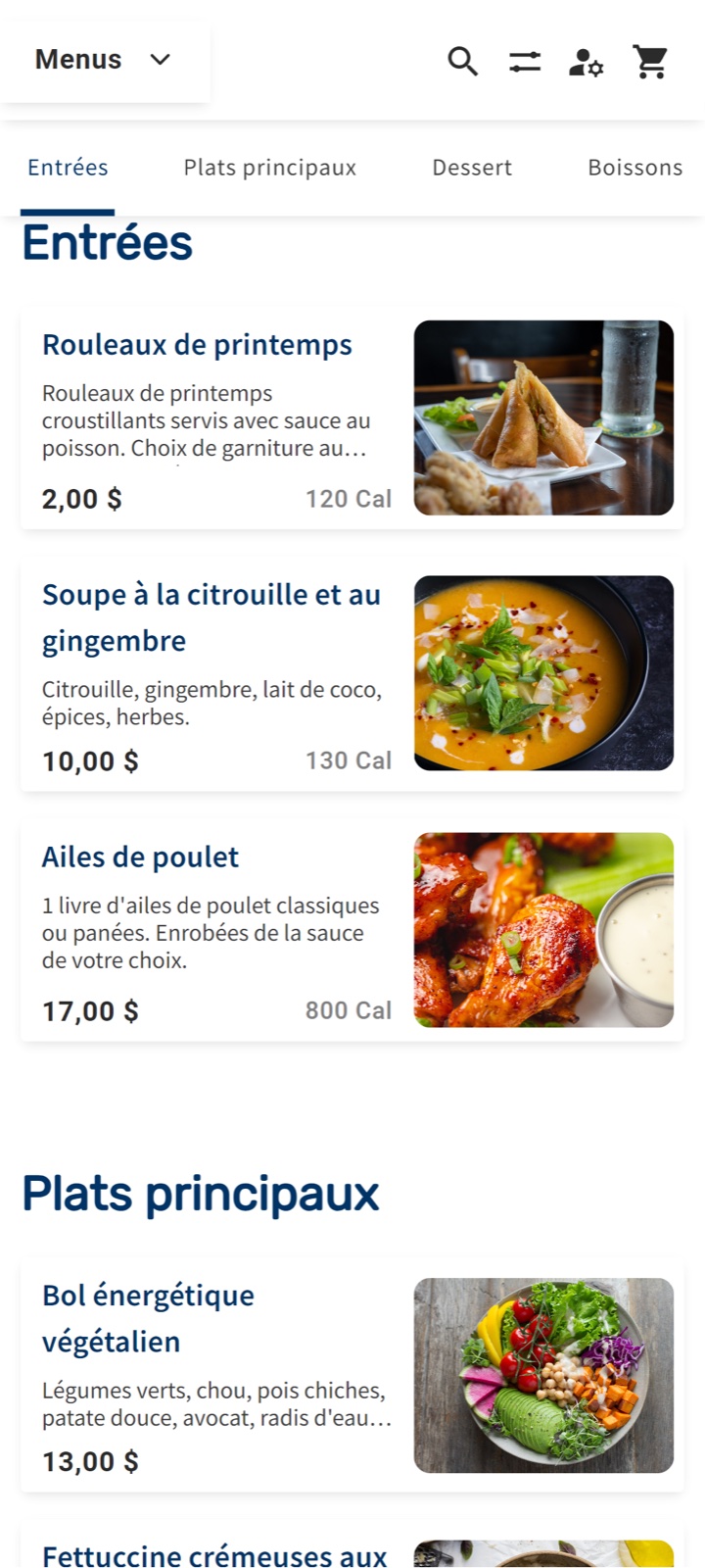 Rally Eats menu on a phone, in French
