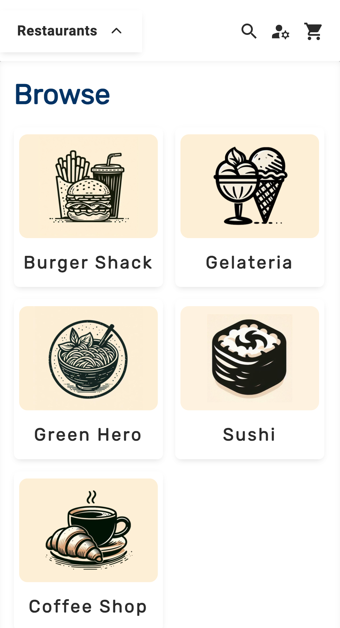 Rally Eats screen on a phone for choosing a food station: Burger Shack, Gelateria, Green Hero, Sushi and Coffee Shop