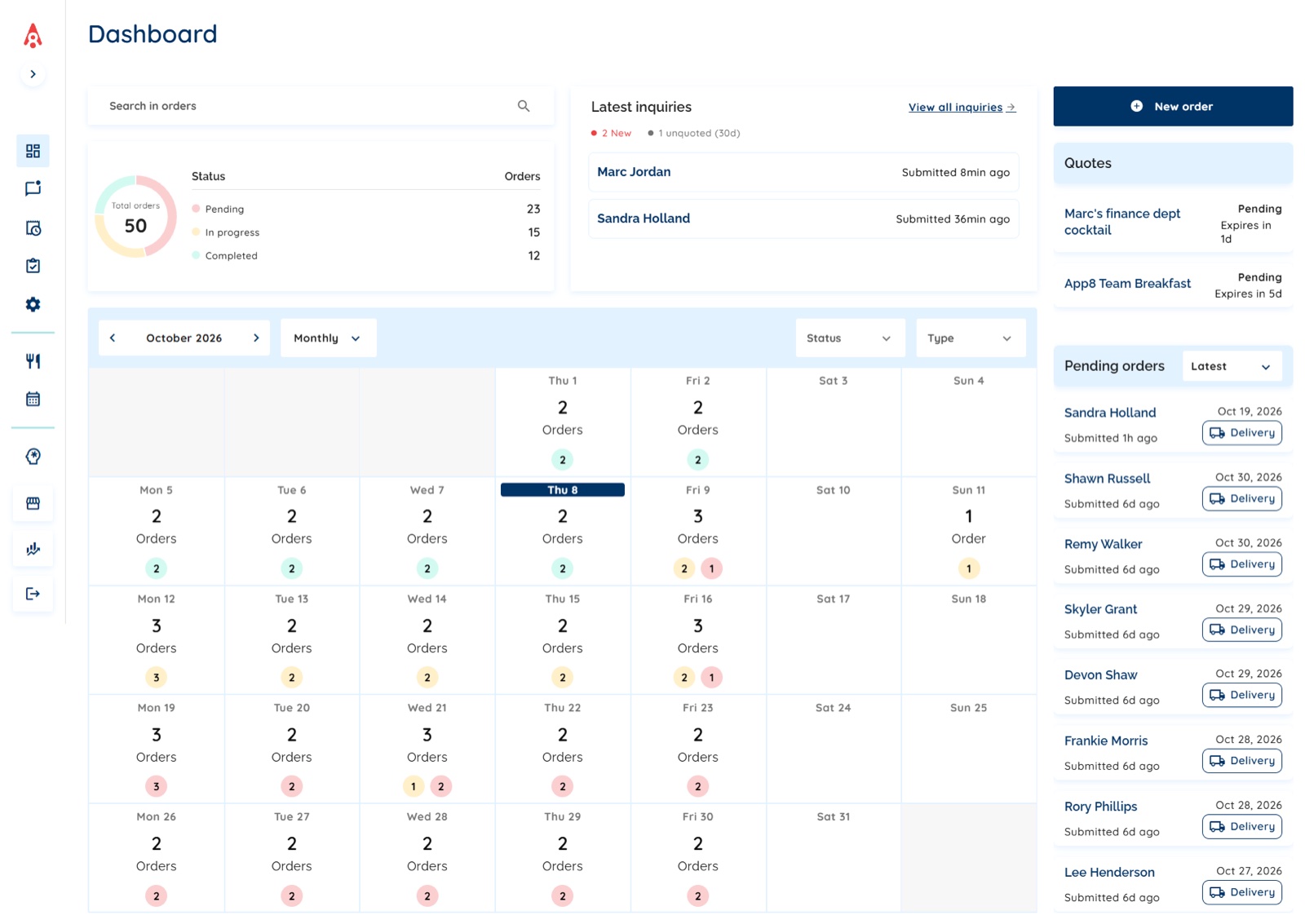 Rally Catering Order Manager dashboard with order status, a monthly calendar, latest inquiries, quotes and pending orders