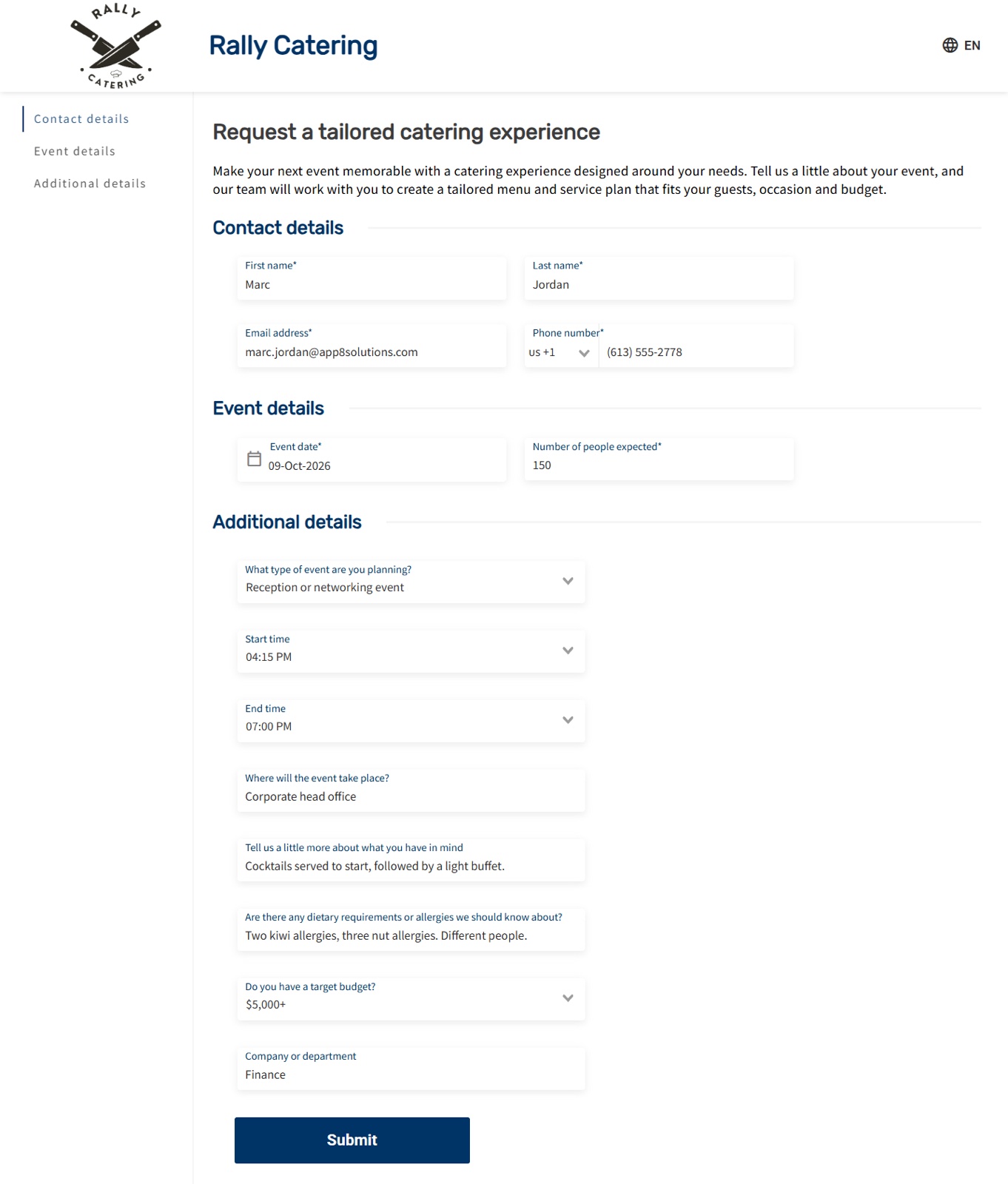 Rally Catering inquiry form with contact details, event date, guest count and the operator's questions about the event