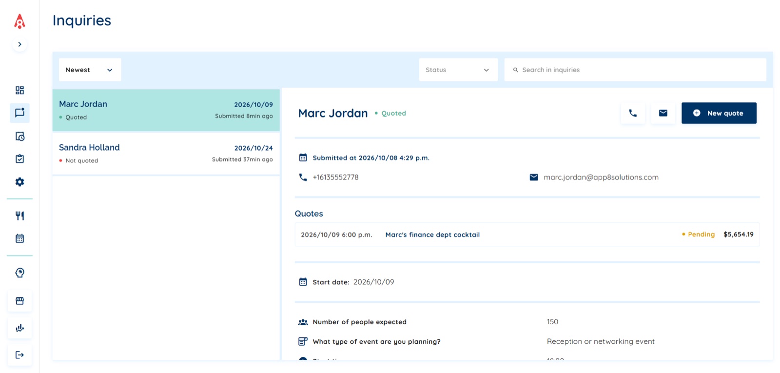 An inquiry in Order Manager with the client's details, the event answers and the quote created from it
