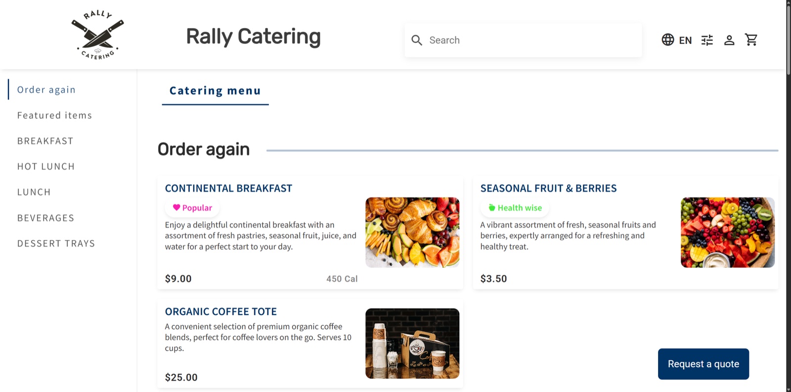 Rally Catering menu with priced items, an Order again section and a Request a quote button