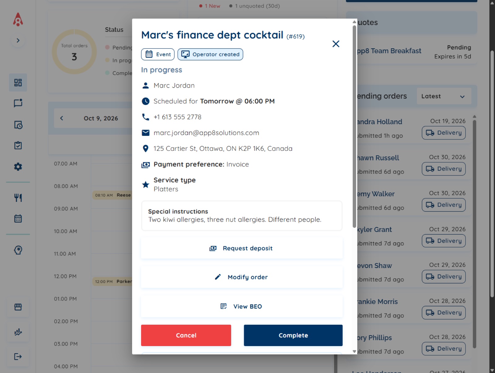An event order in Order Manager with its details, allergy notes and buttons to request a deposit, modify the order and view the BEO