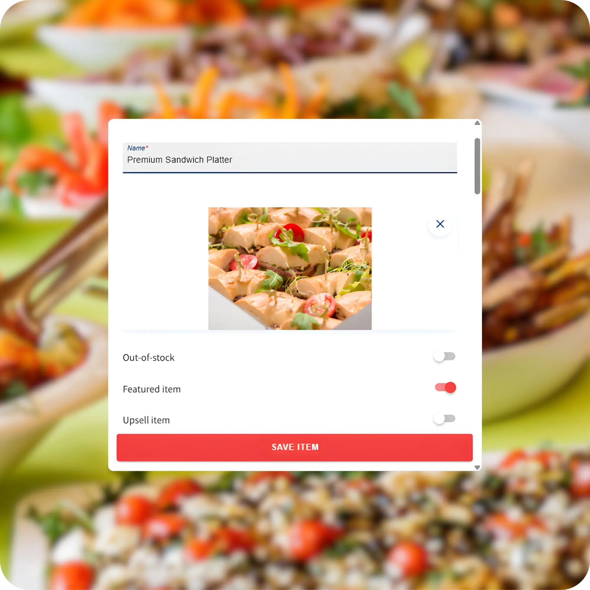 Menu item management in Rally Catering: a Premium Sandwich Platter being edited with a photo, out-of-stock, featured item, and upsell item toggles, and a save button.