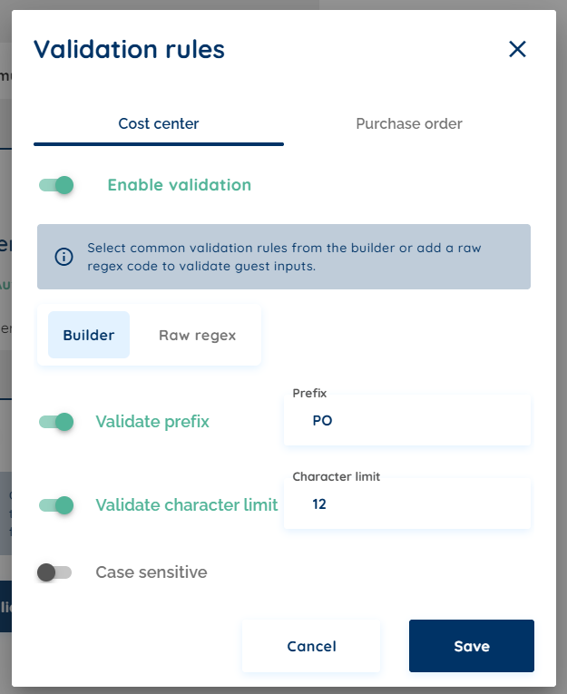 The validation rules dialog in App8, with separate cost center and purchase order tabs, a builder for prefix and character limit rules with case sensitivity, and a raw regex option.