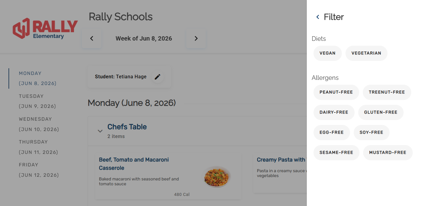 Rally Schools menu filters for allergens and diets such as peanut-free, gluten-free, vegan and vegetarian