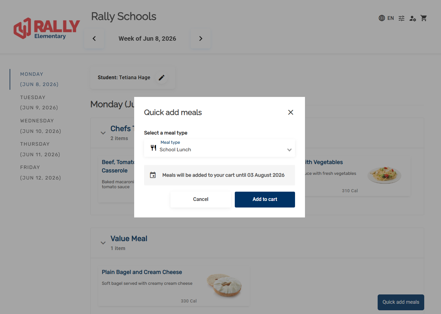 Rally Schools Quick add meals screen, adding one meal type across many school days at once