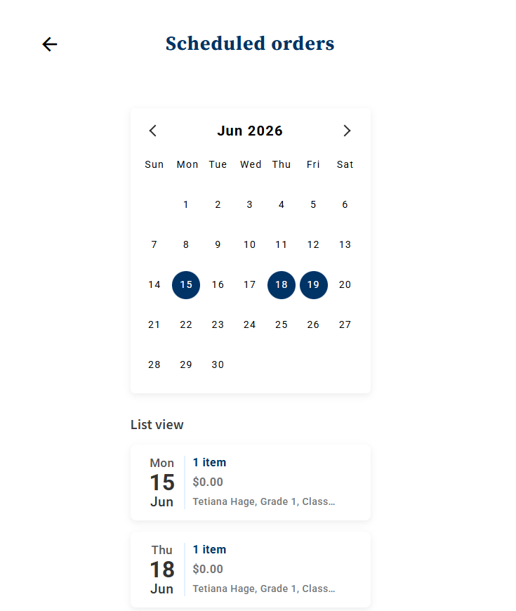 Rally Schools calendar showing a parent's scheduled school lunch orders