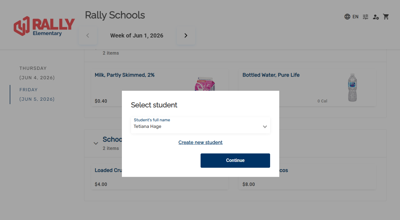 Rally Schools parent screen for choosing which student to order for, with a button to create a new student