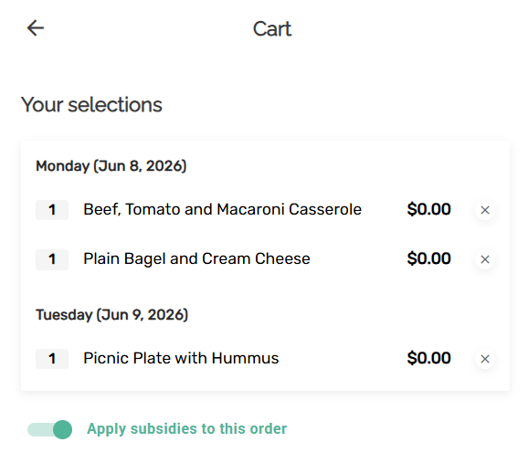 Rally Schools cart with the Apply subsidies to this order switch turned on and meal lines at $0.00