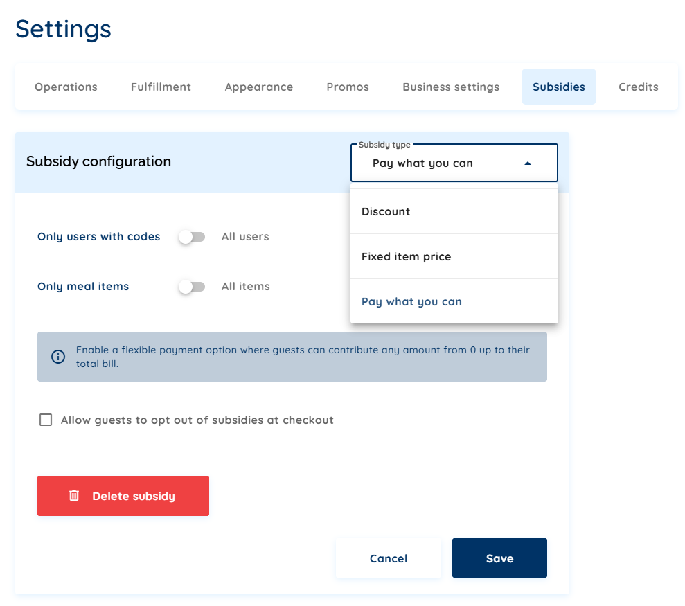 Rally Schools subsidy settings with the subsidy type set to Pay what you can, options for codes and meal items, and an opt-out at checkout