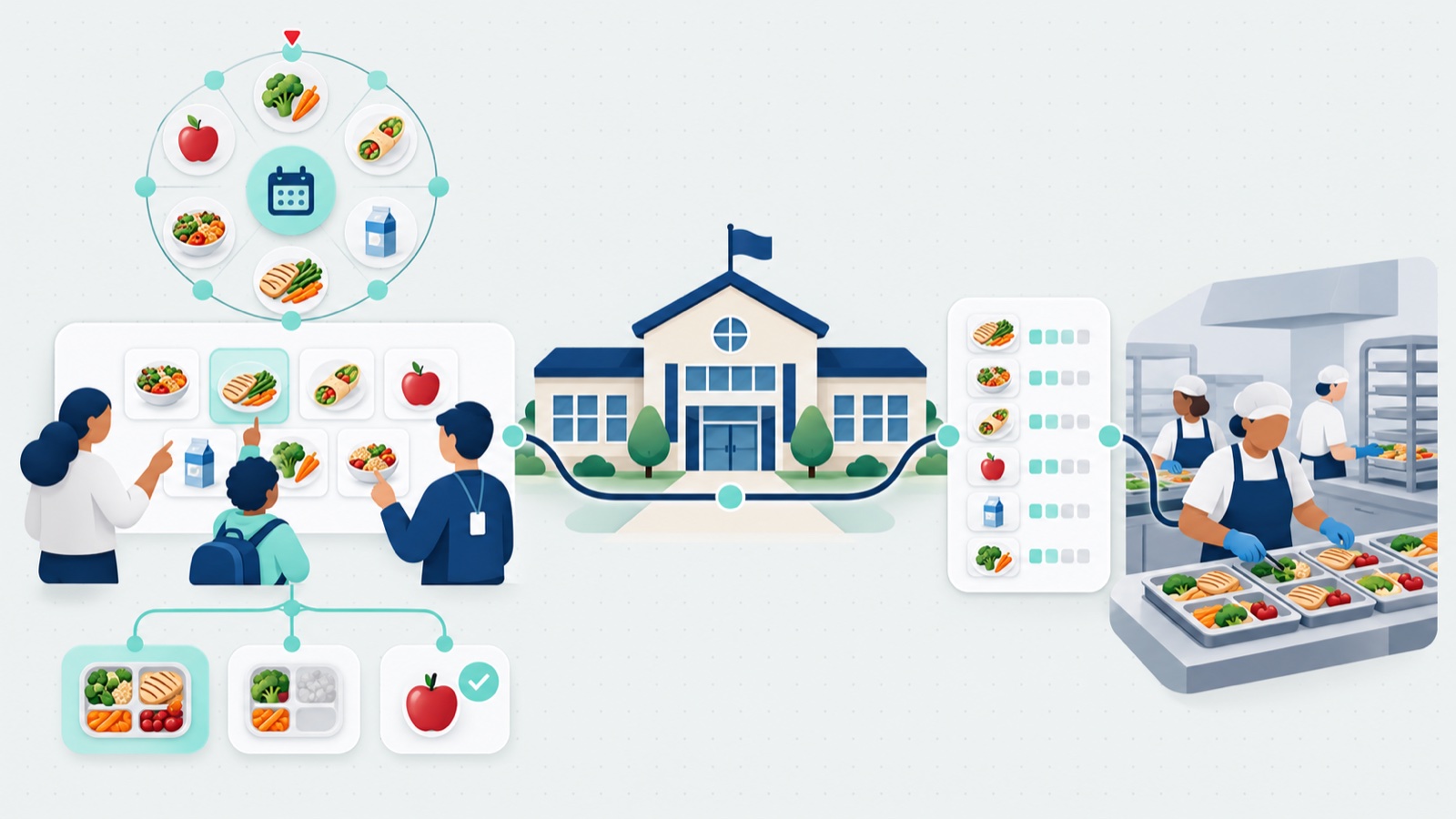 Illustration of a school meal ordering flow: a rotational menu wheel, parents and a student choosing meals on a weekly menu, a school building, and a kitchen preparing labeled trays from an order list.