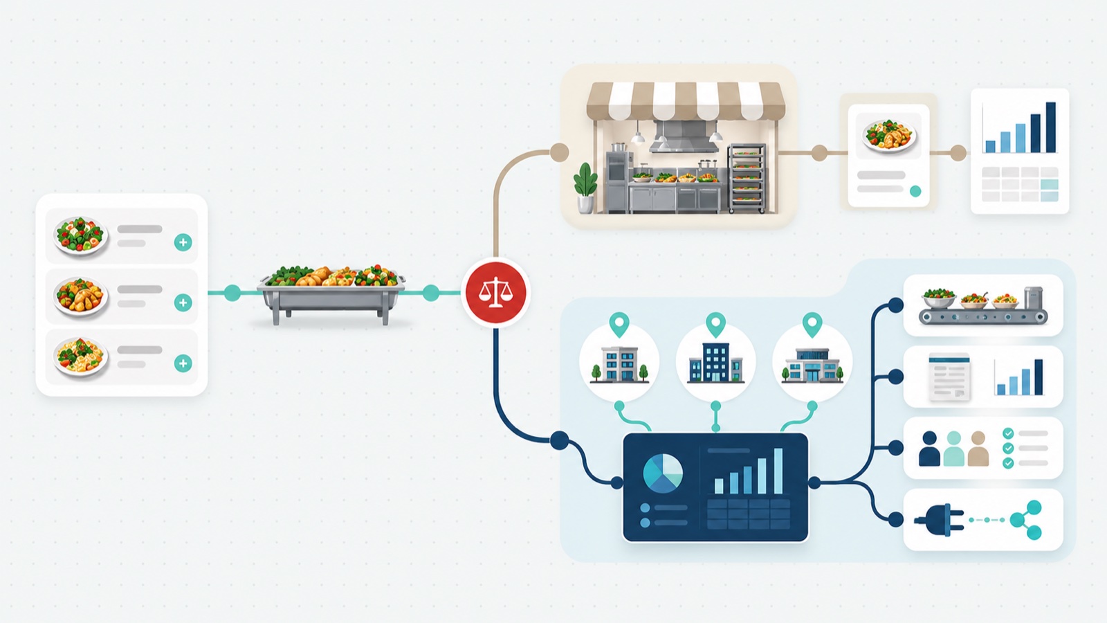Illustration of one catering order splitting into two paths at a decision point: a single kitchen fulfilling and reporting on its own, and a multi-site program with several buildings feeding one dashboard with reports, roles and integrations.