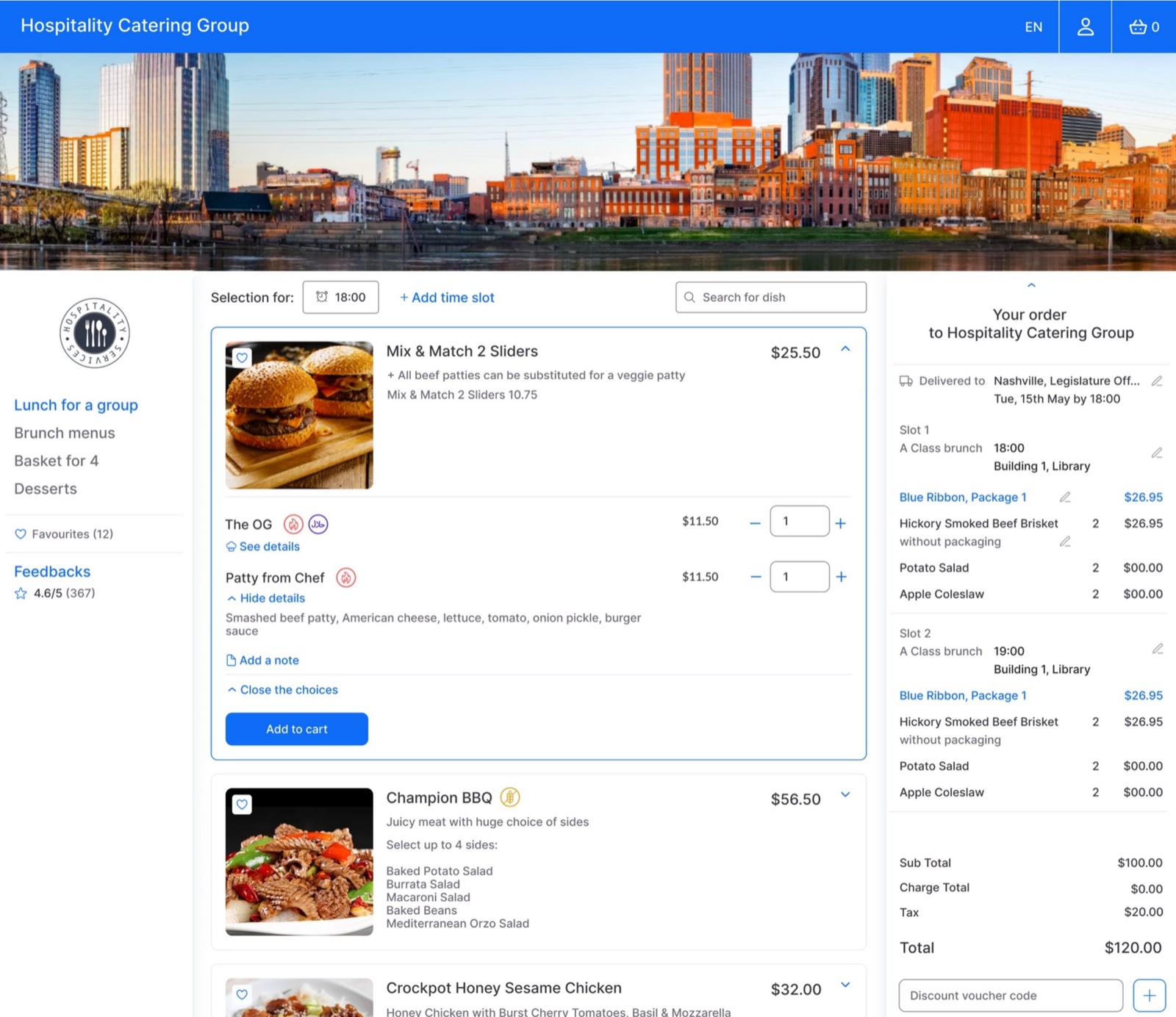 A Spoonfed-branded catering ordering storefront from its marketing, with a menu, delivery time slots, and an order building on the right.