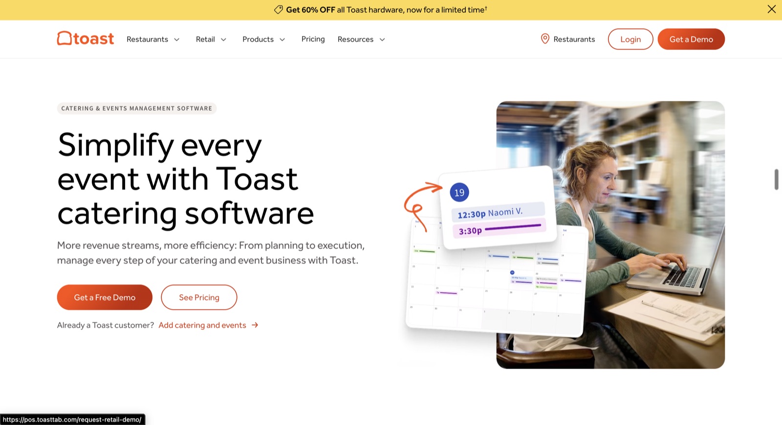The Toast catering and events page: simplify every event with Toast catering software, with a restaurant operator at a laptop.