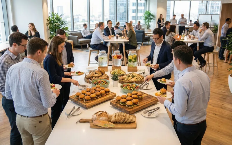 Professionals serving themselves at a corporate office catering buffet with a spread of food.