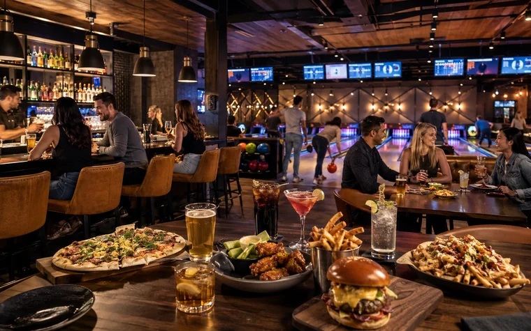 A high-volume entertainment venue with food, drinks, and bowling lanes in the background.