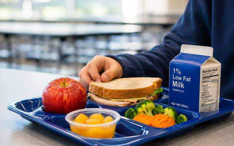 A K-12 school lunch tray with a sandwich, fruit, vegetables, and milk in a school cafeteria.