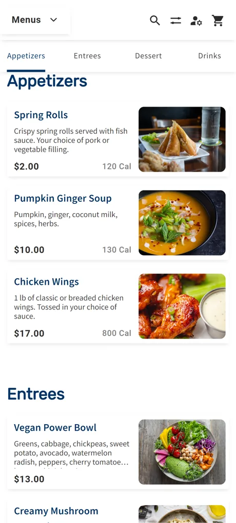 Rally Eats guest mobile ordering menu on a phone, with items, prices, and a checkout flow.