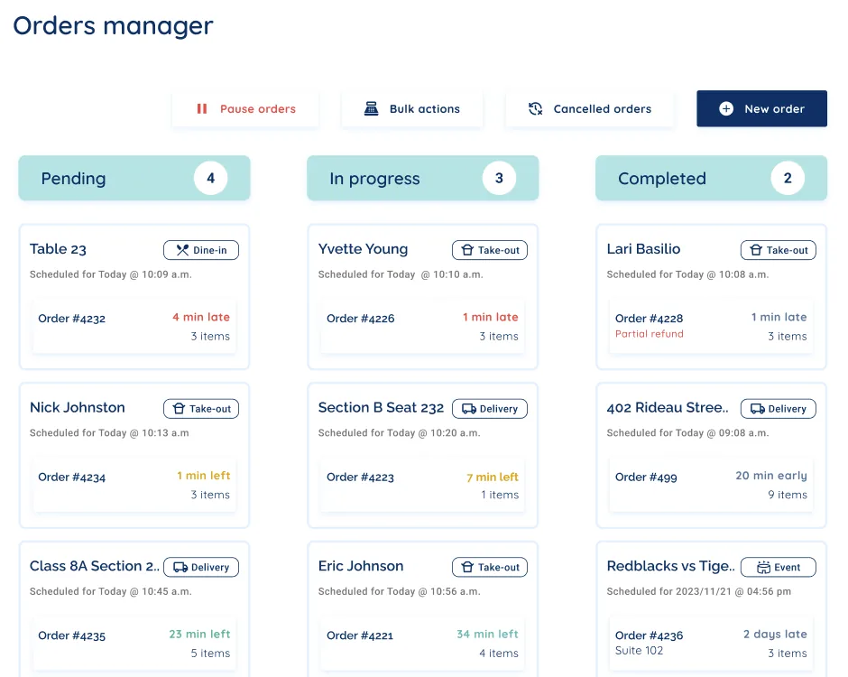 App8 venue order board showing live orders across concessions and suite catering.