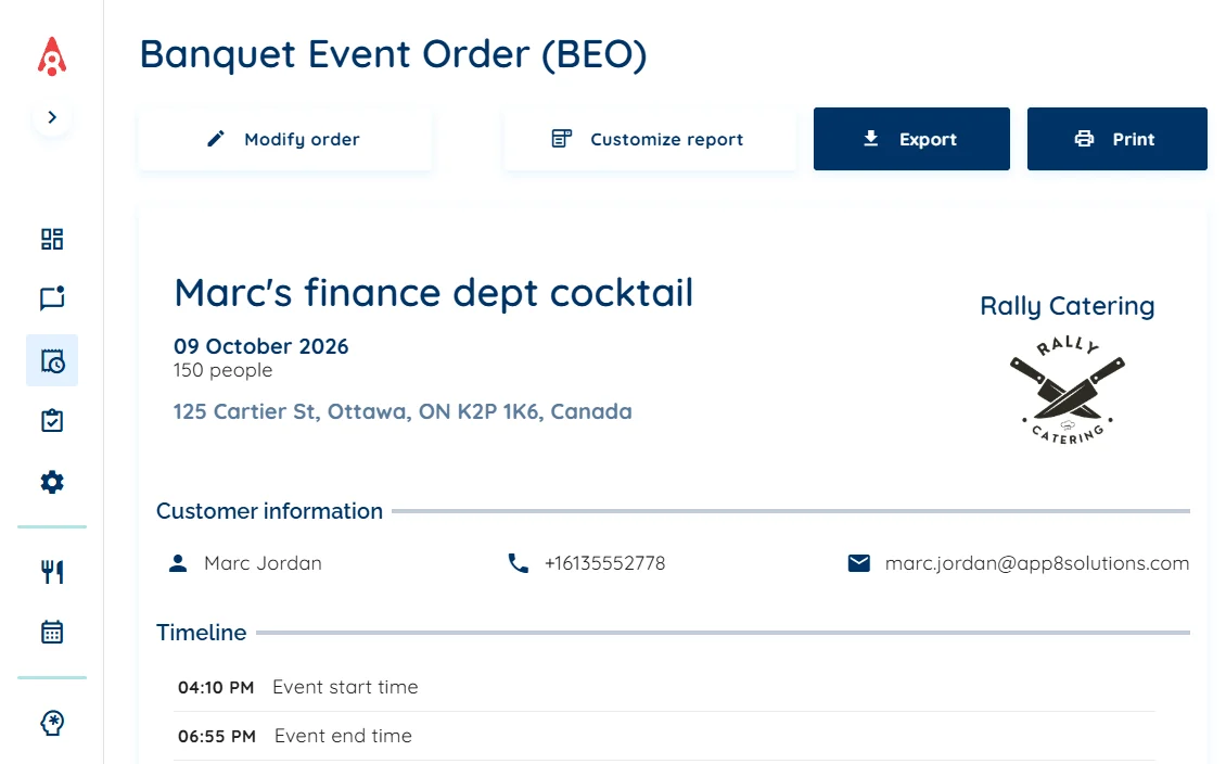 A banquet event order (BEO) in Rally Catering for a 150-person corporate event, with the event details, customer information, timeline, and export and print buttons.