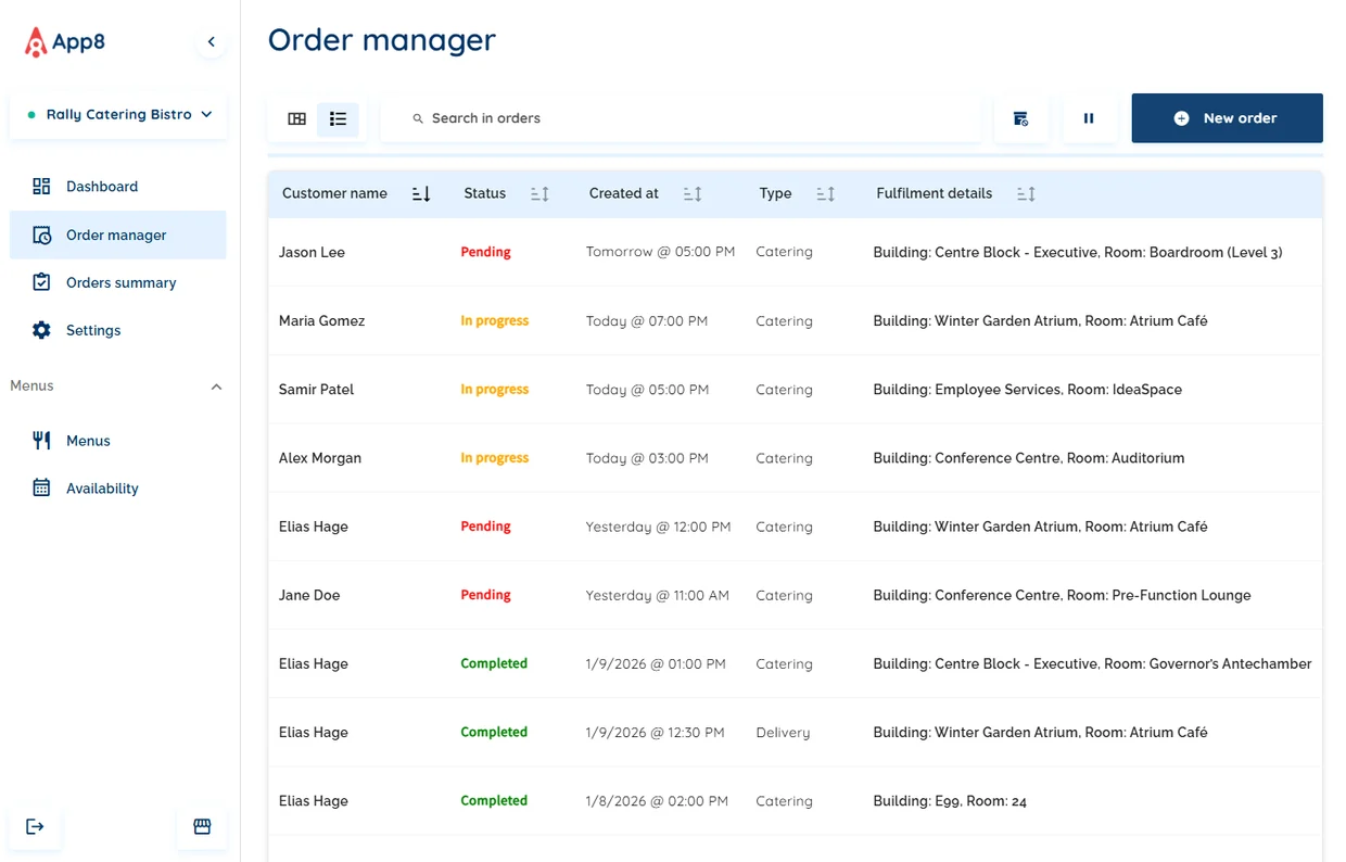 App8 order manager listing catering orders across buildings and rooms with status and fulfillment details.