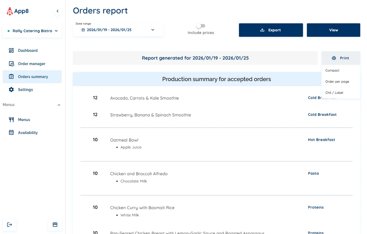 App8 orders report generating a production summary across accepted orders, with pricing and export.