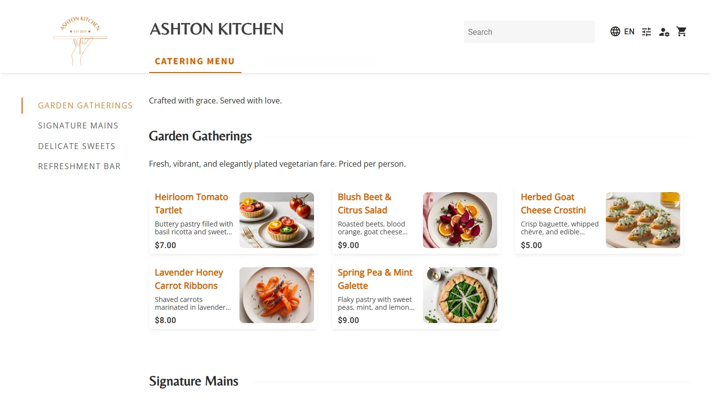 A branded catering ordering menu in Rally Catering, with menu sections and per-person pricing that customers browse and order from.