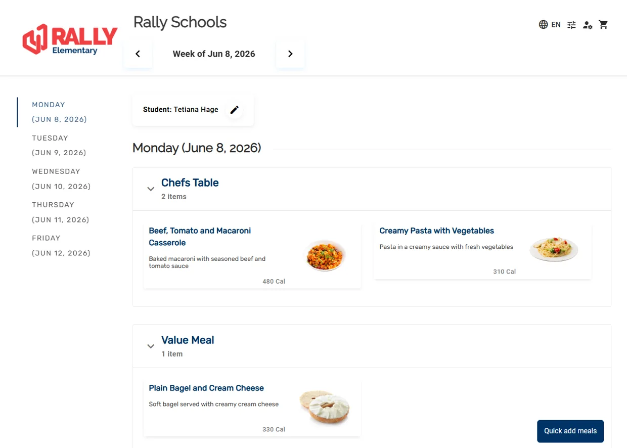 App8 Rally Schools ordering menu showing meal items, allergen information, and student meal selection.
