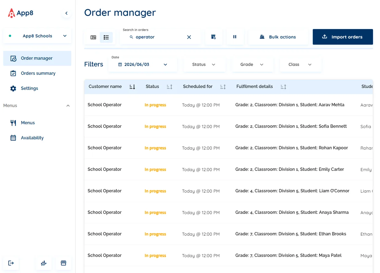 App8 schools order console listing student meal orders by day with status and fulfillment.