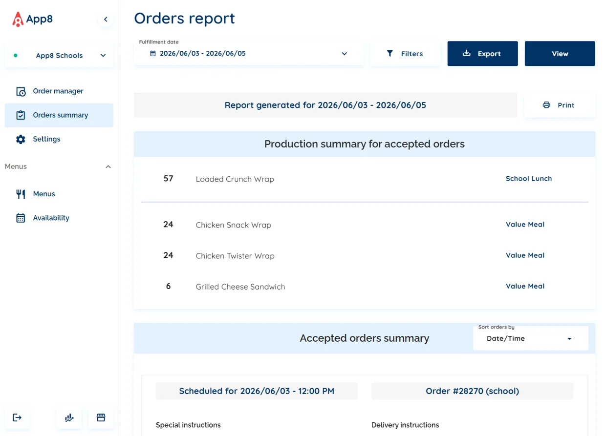 App8 Rally Schools orders report, exportable and printable, summarizing meal orders for accounting and operations.